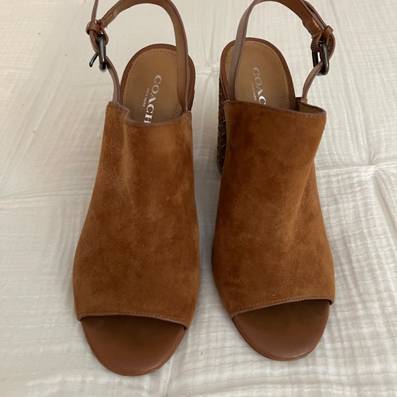 Coach Drew Lux Studded Spiked Open toe Shoes Brown Suede Heels Size 7 - Picture 3 of 4